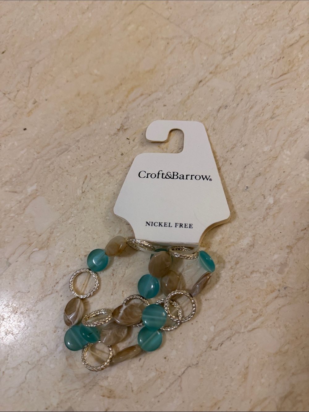 Croft & Barrow Teal and Taupe Beaded Stretch Bracelet with Silver Rings